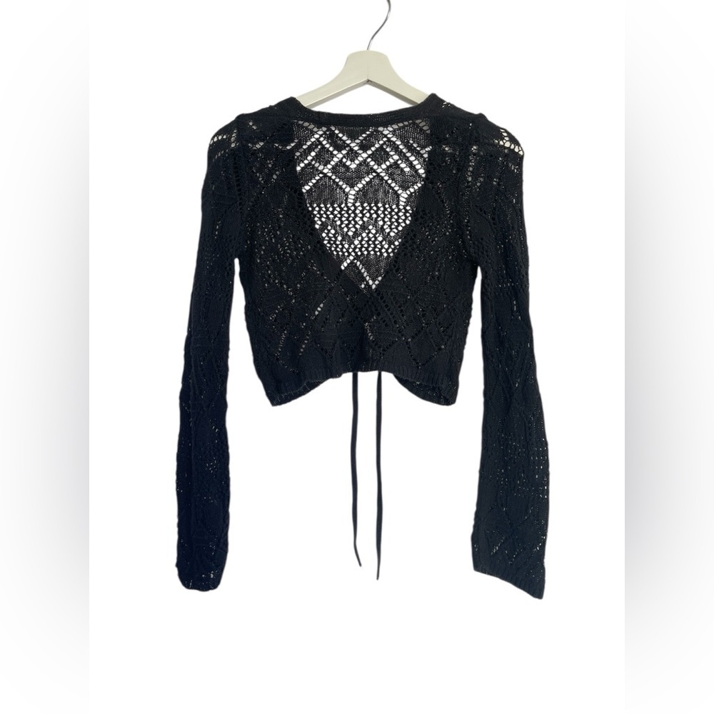 Pull & Bear Black Crochet Knit Tie-Front Cardigan Top Y2K Boho Indie Size Small